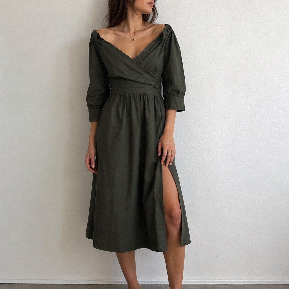 White House Black Market Green Poplin Midi Dress Open Neck 4 Dark Academia